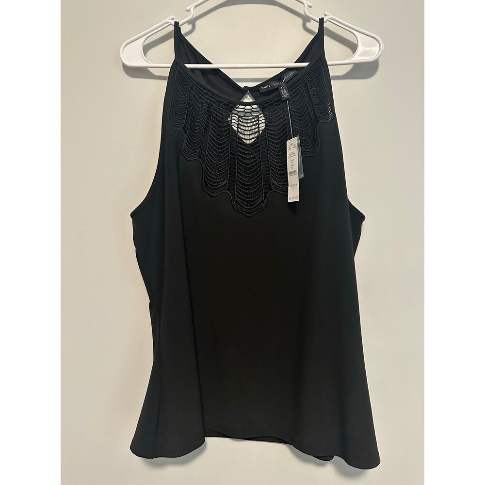 White House Black Market NWT XL Black Sheer Embroidered Yoke Tank Top Boho Chic - Picture 2 of 11
